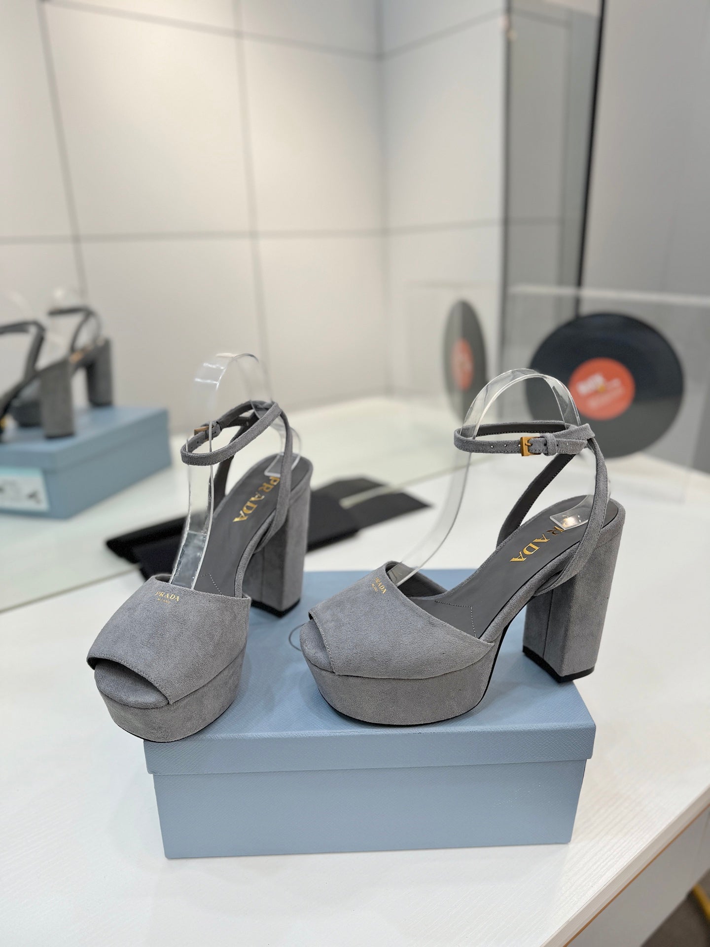 Block-Heel Platform – Dove Grey Matte Suede with Gold-Toned Hardware