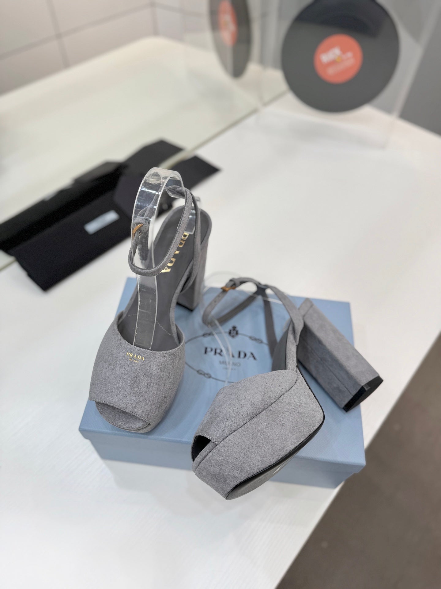 Block-Heel Platform – Dove Grey Matte Suede with Gold-Toned Hardware