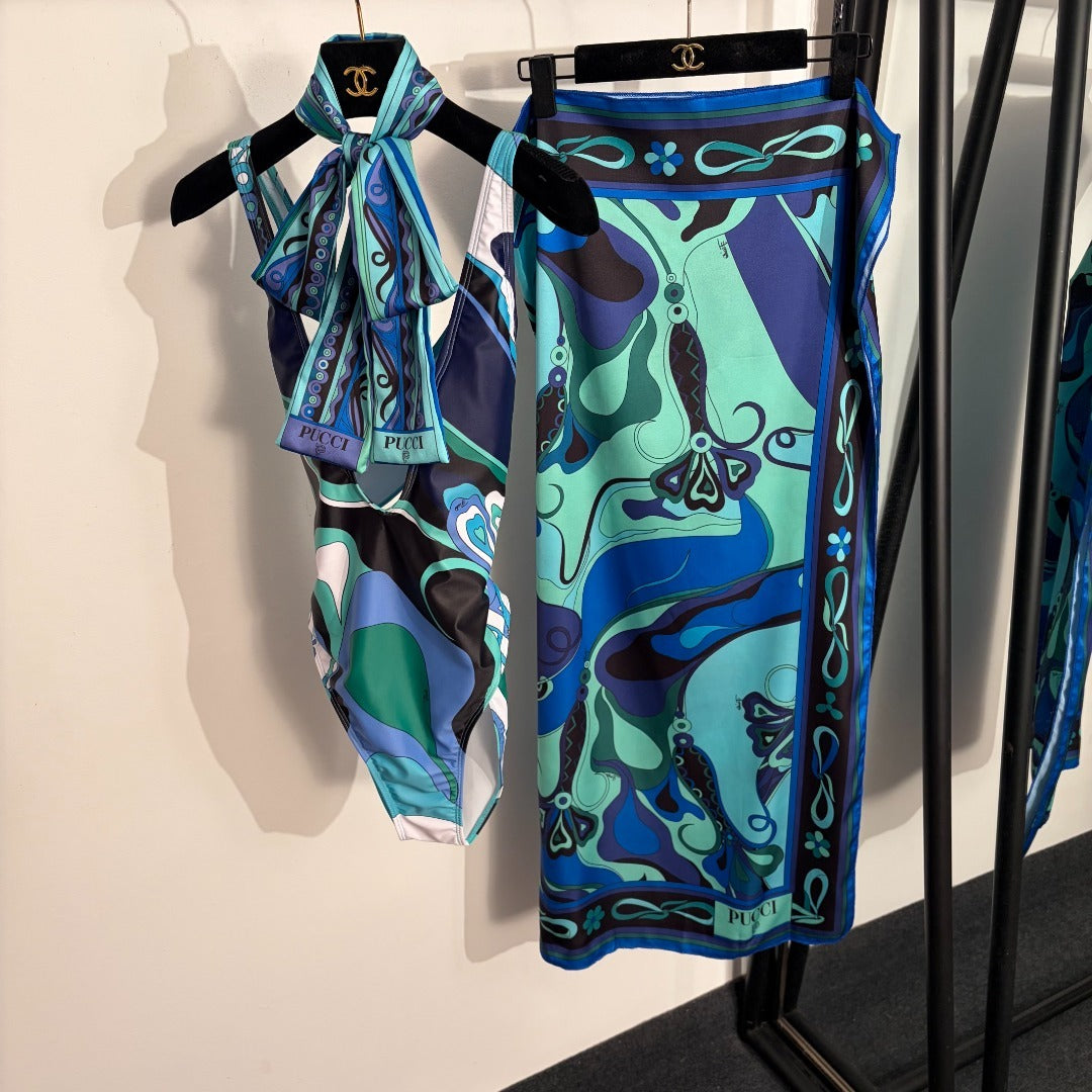 Emilio Pucci Iride-Print Beach Set – Halter Technical Swimsuit & 100% Silk Twill Sarong