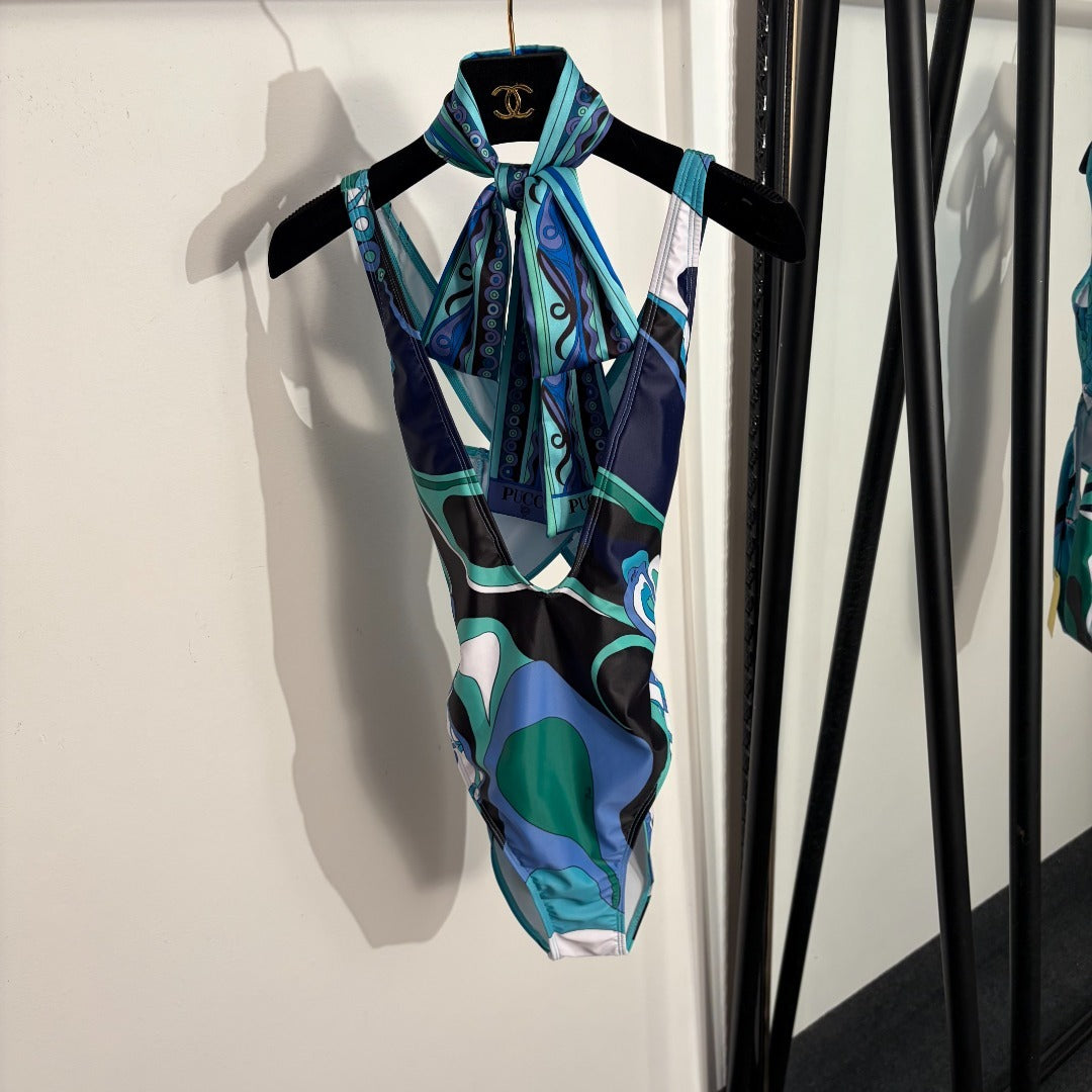 Emilio Pucci Iride-Print Beach Set – Halter Technical Swimsuit & 100% Silk Twill Sarong