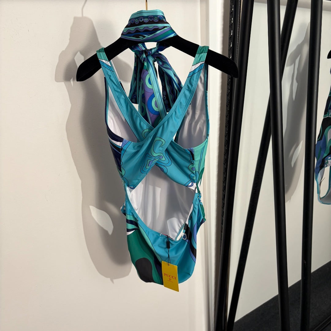 Emilio Pucci Iride-Print Beach Set – Halter Technical Swimsuit & 100% Silk Twill Sarong