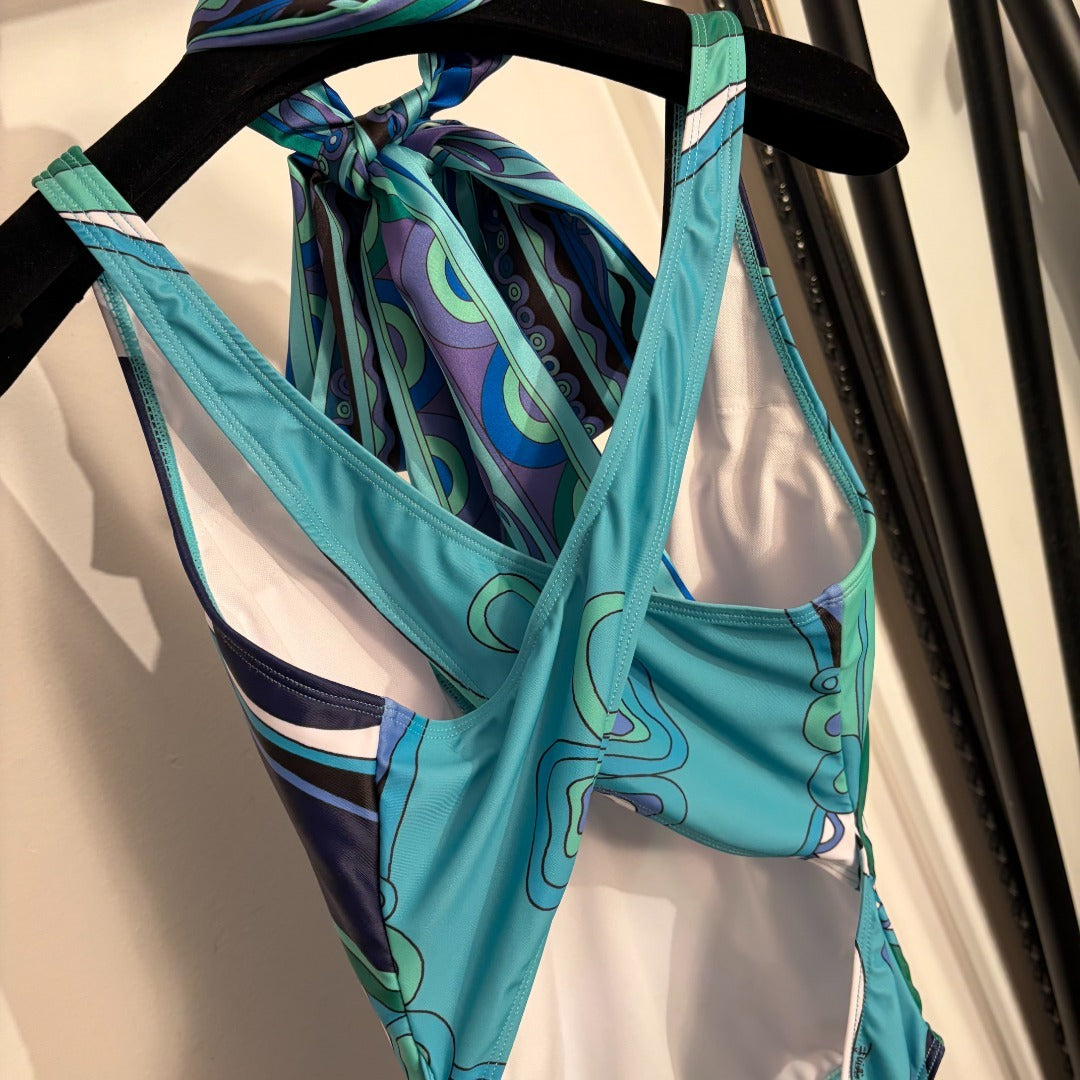 Emilio Pucci Iride-Print Beach Set – Halter Technical Swimsuit & 100% Silk Twill Sarong