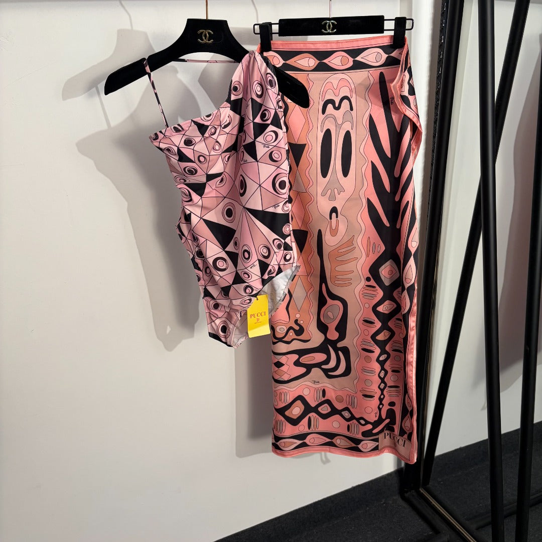 Pucci Iride-Print 3-Piece Archive Set – Asymmetrical Powder Rose Bikini and Silk Twill Sarong
