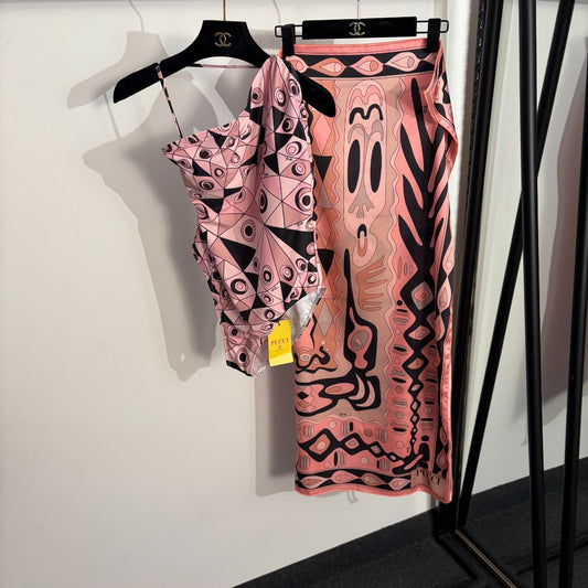 Pucci Iride-Print 3-Piece Archive Set – Asymmetrical Powder Rose Bikini and Silk Twill Sarong