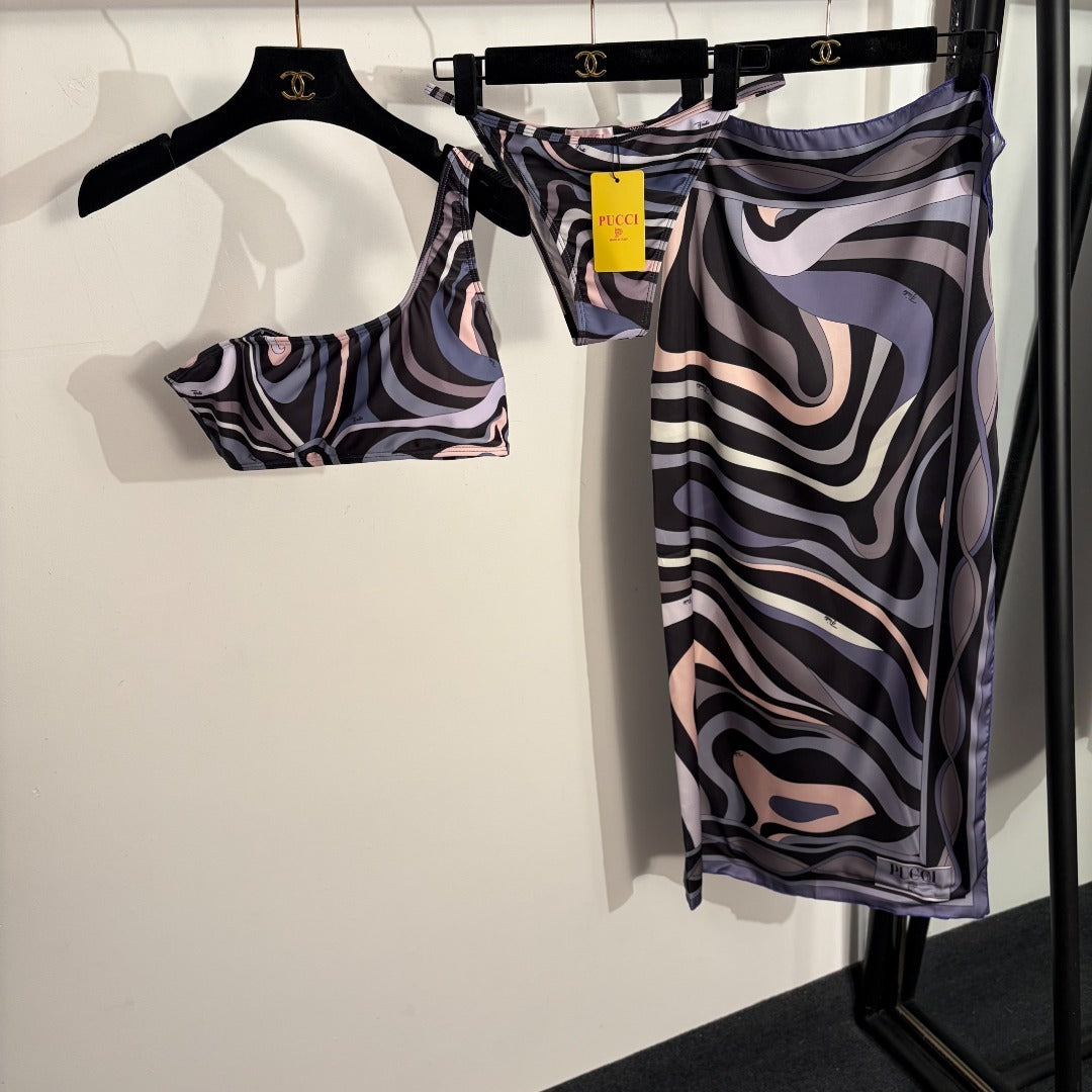 Marmo-Print 3-Piece Archive Set – One-Shoulder Bikini & Technical Silk Sarong