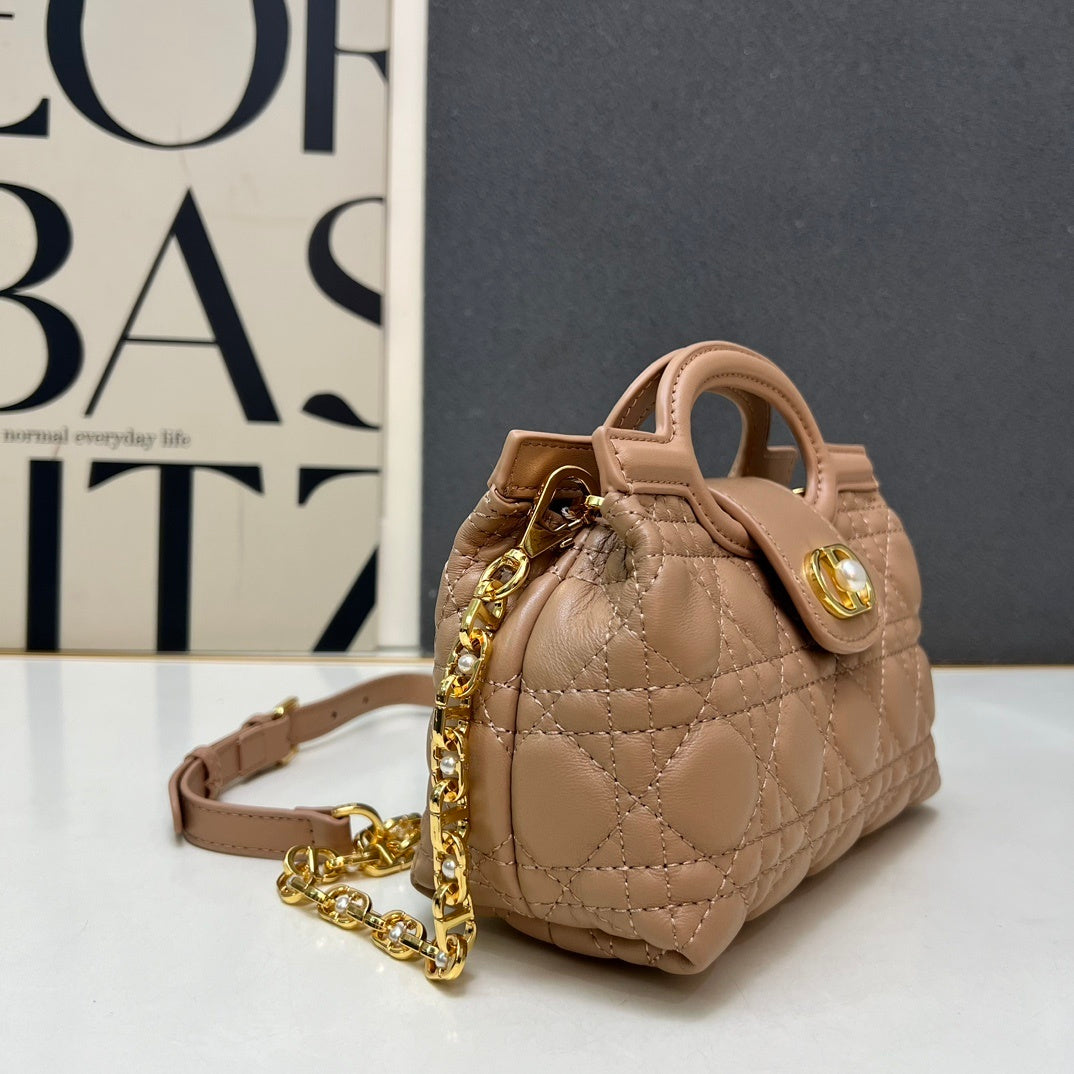 Christian  Jolie Mini Top Handle Bag – Black Cannage Lambskin with Gold CD Pearl Clasp