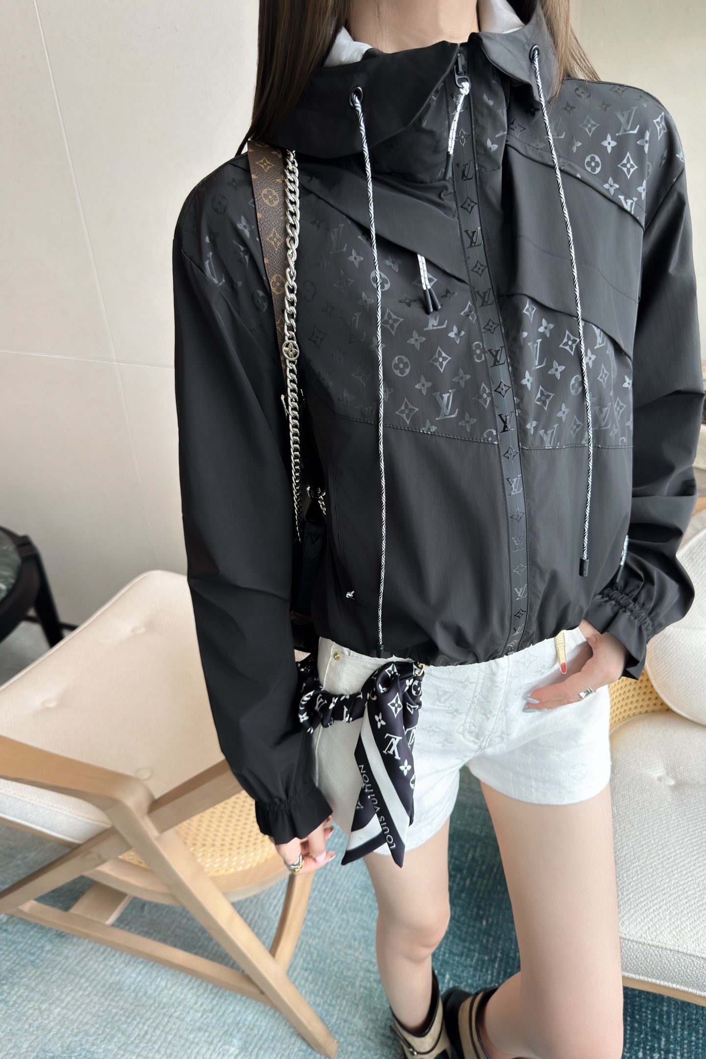 Cropped LV Monogram Windbreaker – Reflective Black Jacquard Technical Jacket