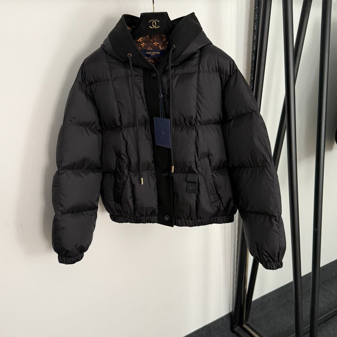 Mixed-Media Hooded Puffer Jacket with Tweed Trim - Black / Camel