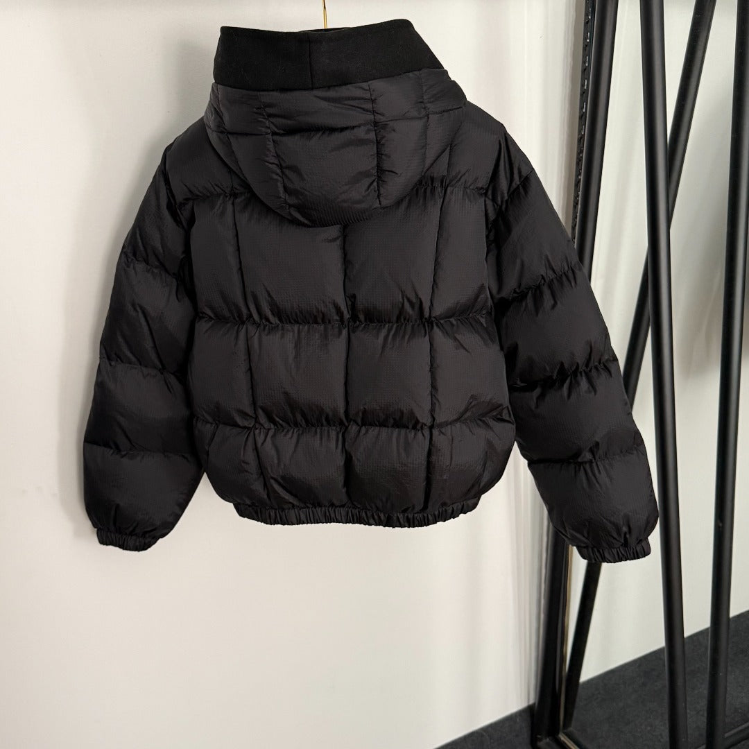 Mixed-Media Hooded Puffer Jacket with Tweed Trim - Black / Camel