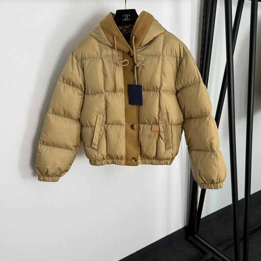 Mixed-Media Hooded Puffer Jacket with Tweed Trim - Black / Camel