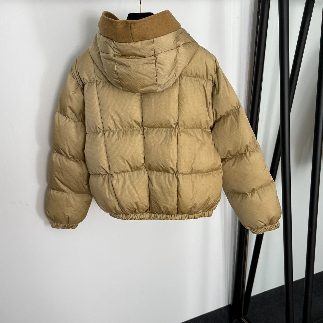 Mixed-Media Hooded Puffer Jacket with Tweed Trim - Black / Camel