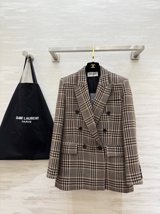 YSL Double-Breasted Prince of Wales Check Blazer in Beige and Black