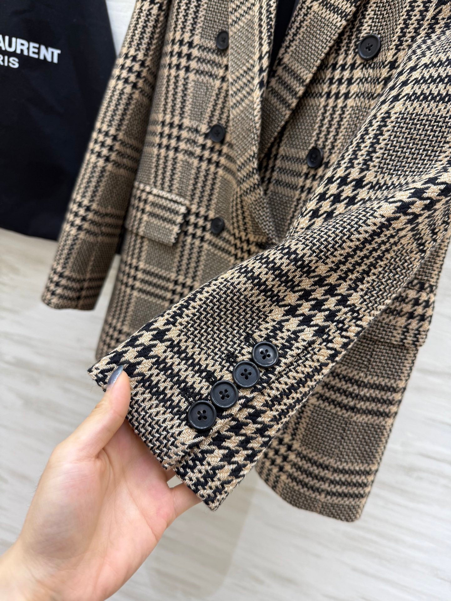 YSL Double-Breasted Prince of Wales Check Blazer in Beige and Black