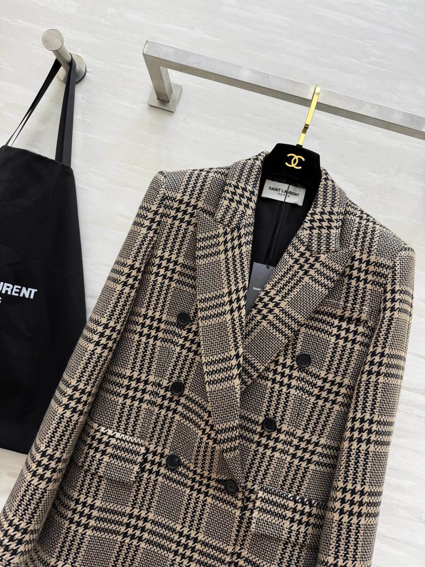 YSL Double-Breasted Prince of Wales Check Blazer in Beige and Black