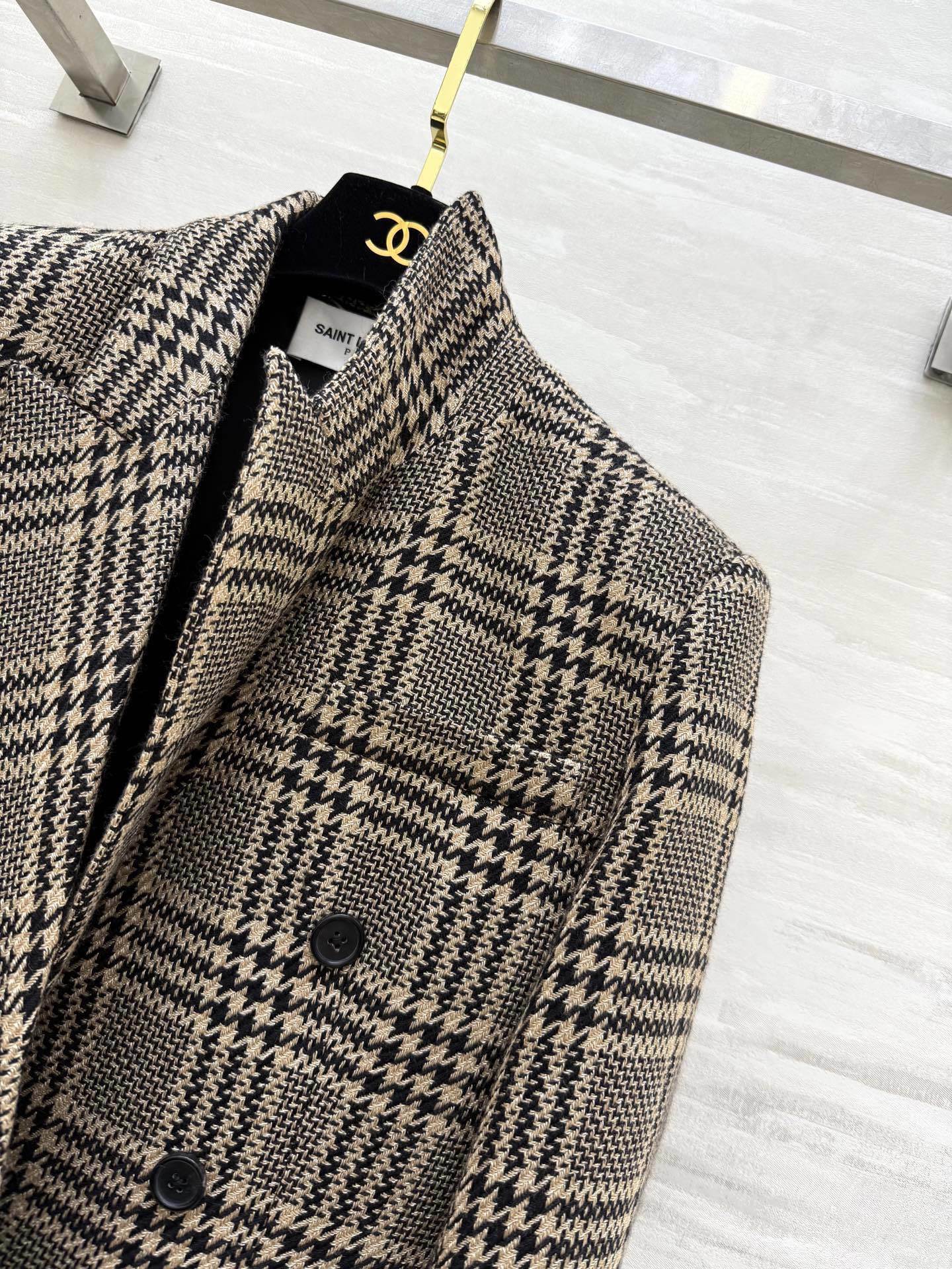 YSL Double-Breasted Prince of Wales Check Blazer in Beige and Black