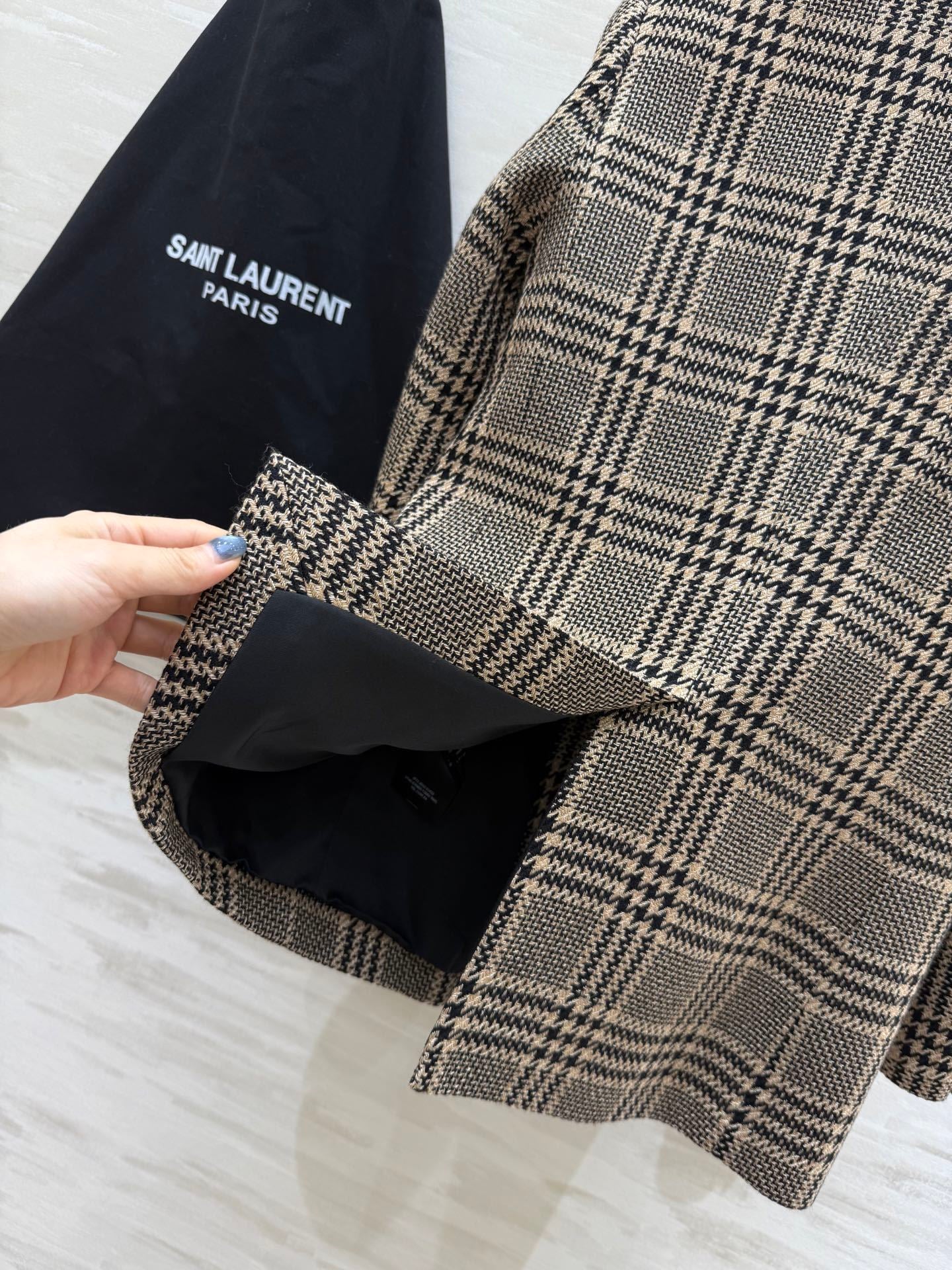YSL Double-Breasted Prince of Wales Check Blazer in Beige and Black