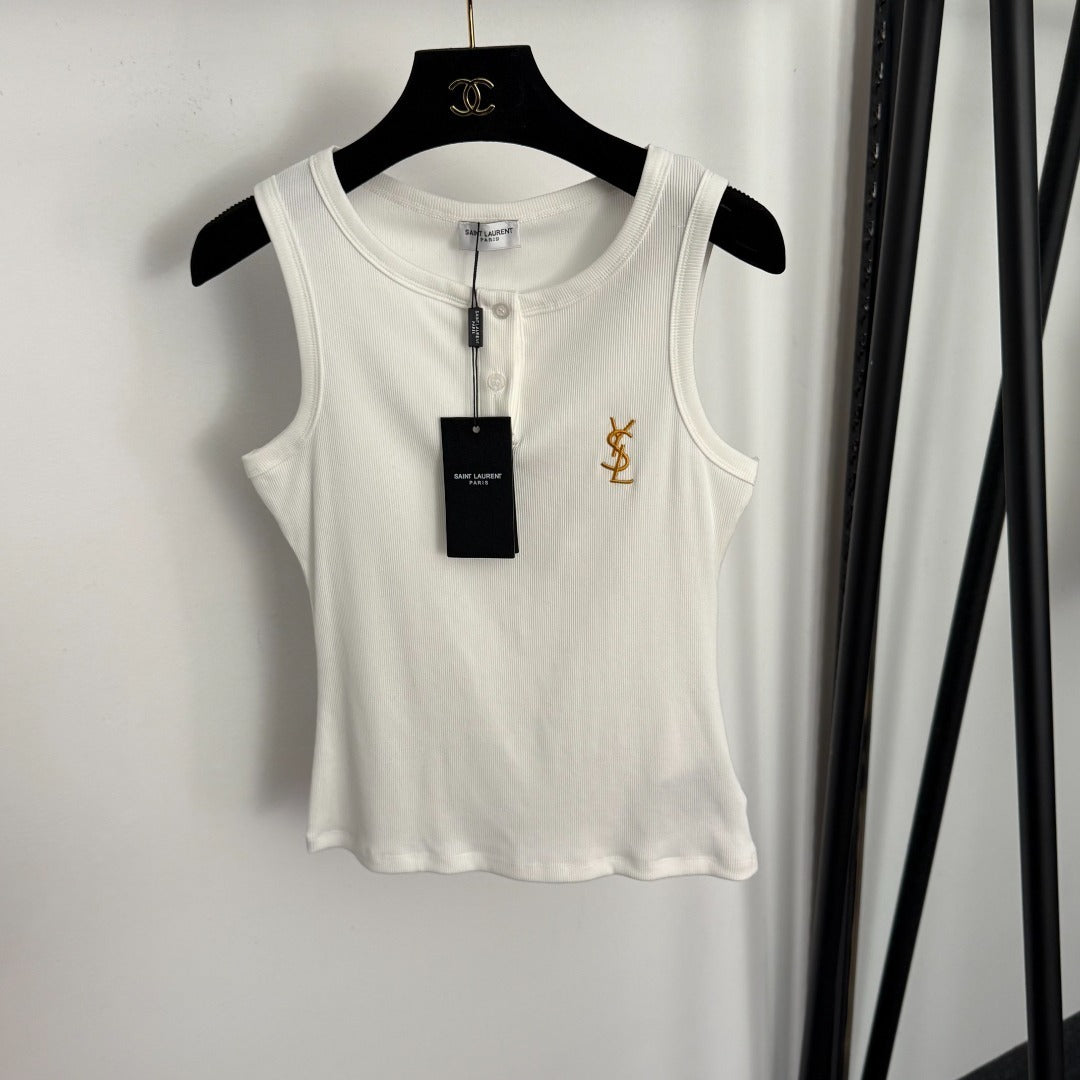 YSL Tank Top – Heavy-Gauge Ribbed Cotton with Gold YSL Monogram