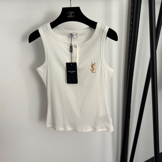 YSL Tank Top – Heavy-Gauge Ribbed Cotton with Gold YSL Monogram