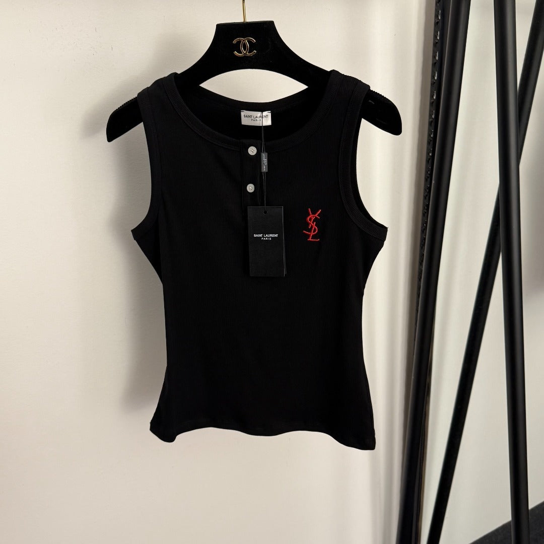 YSL Tank Top – Heavy-Gauge Ribbed Cotton with Gold YSL Monogram