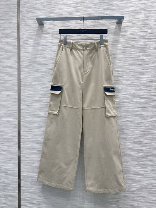 YSL Embroidered Logo Cargo Trousers – High-Waisted Wide-Leg Cotton with Flap Pockets
