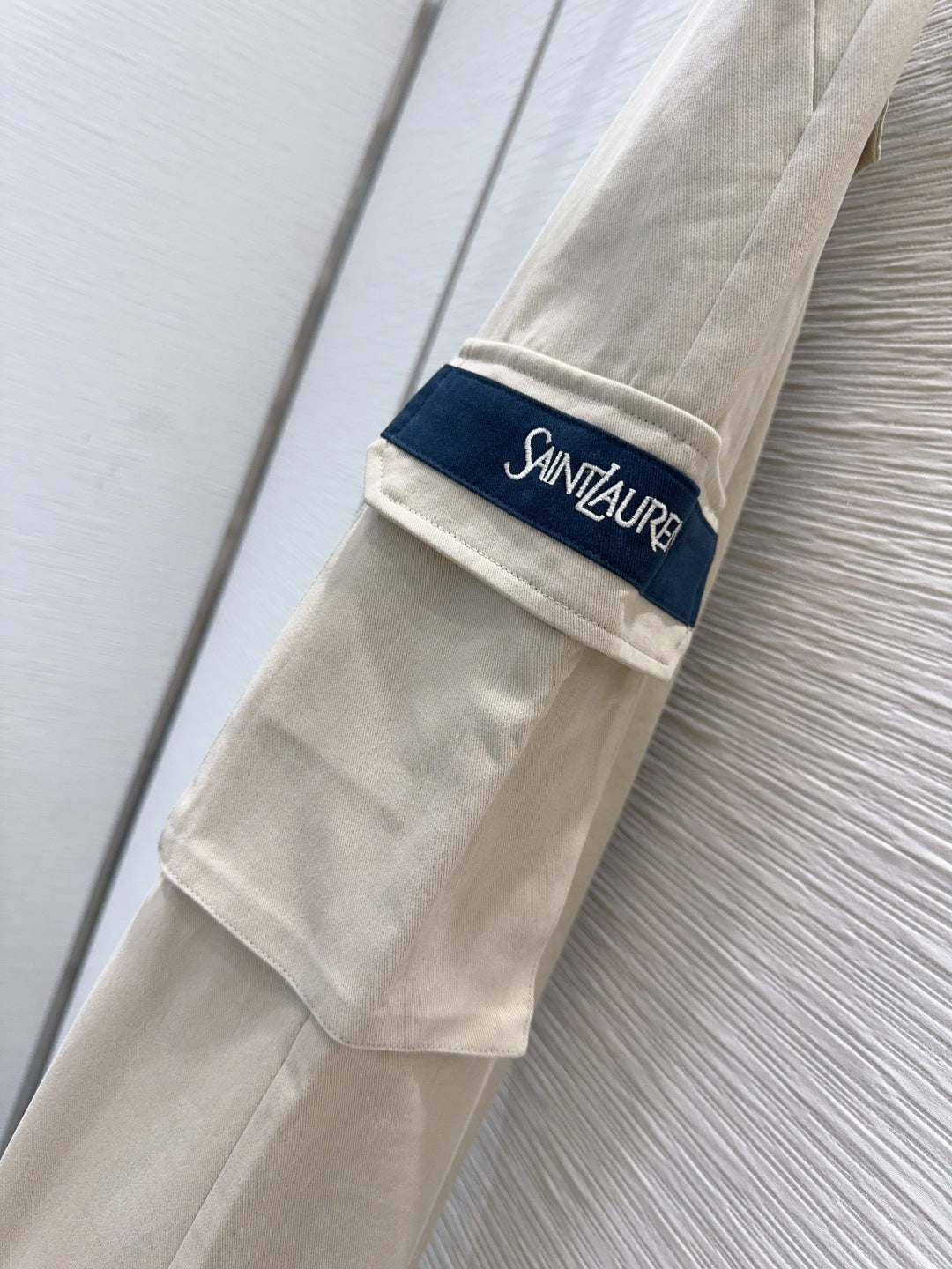 YSL Embroidered Logo Cargo Trousers – High-Waisted Wide-Leg Cotton with Flap Pockets