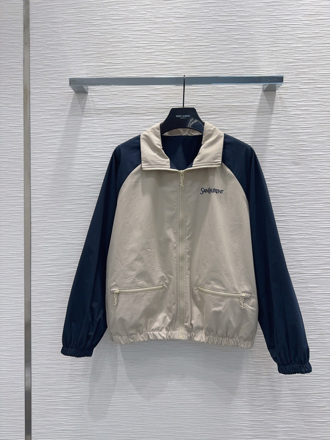 YSL Embroidered Logo Two-Tone Track Jacket – Desert Sand and Midnight Navy Technical Canvas Jacket