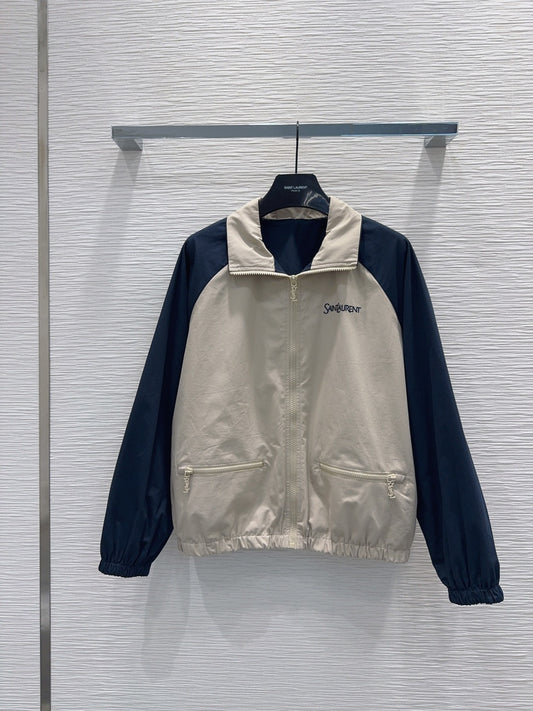 YSL Embroidered Logo Two-Tone Track Jacket – Desert Sand and Midnight Navy Technical Canvas Jacket