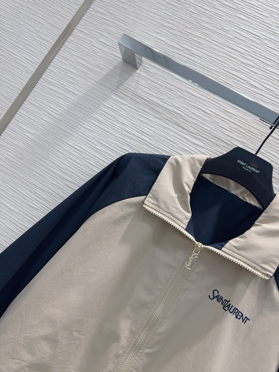 YSL Embroidered Logo Two-Tone Track Jacket – Desert Sand and Midnight Navy Technical Canvas Jacket