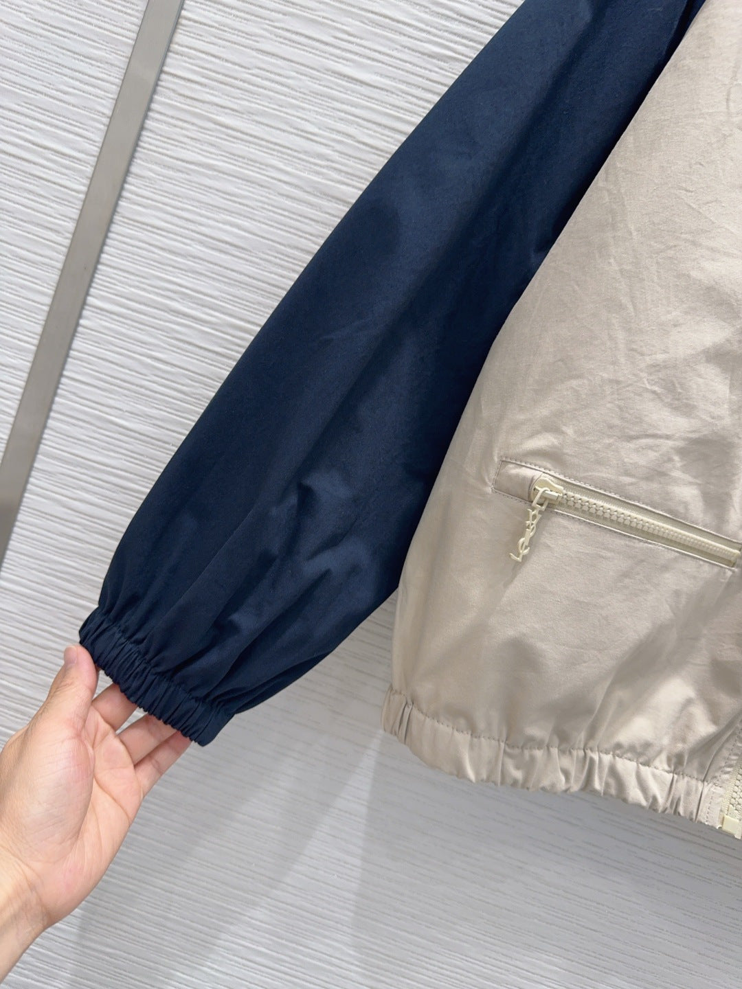 YSL Embroidered Logo Two-Tone Track Jacket – Desert Sand and Midnight Navy Technical Canvas Jacket