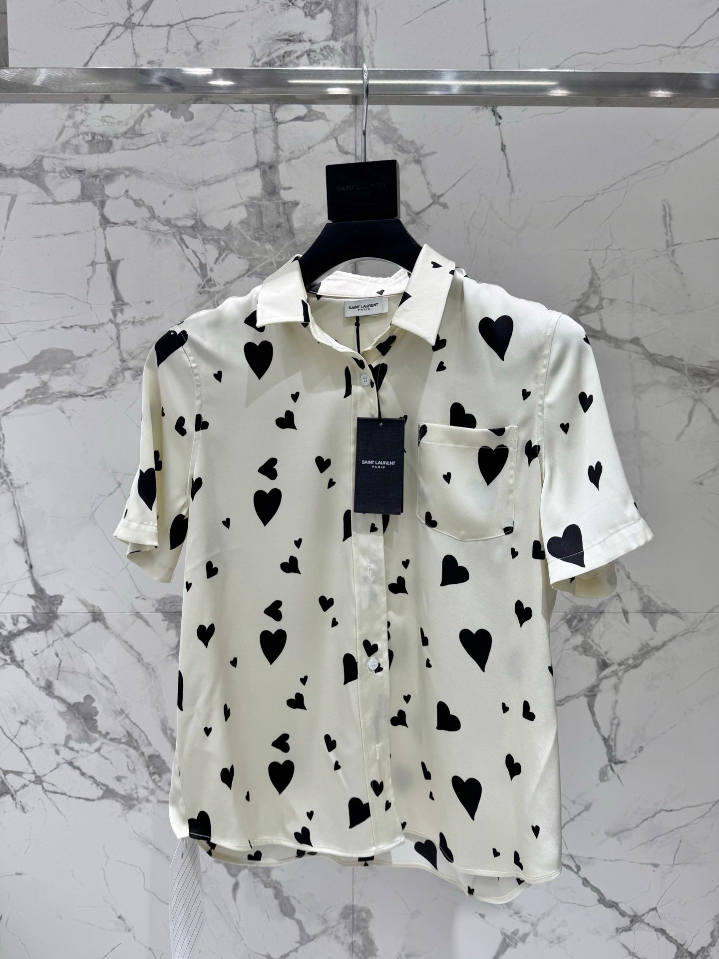 YSL Ivory Heart Print Silk Ensemble – Short-Sleeve Silk Shirt and High-Waisted Shorts