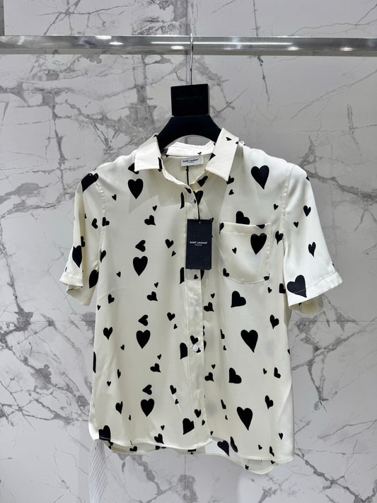 YSL Ivory Heart Print Silk Ensemble – Short-Sleeve Silk Shirt and High-Waisted Shorts