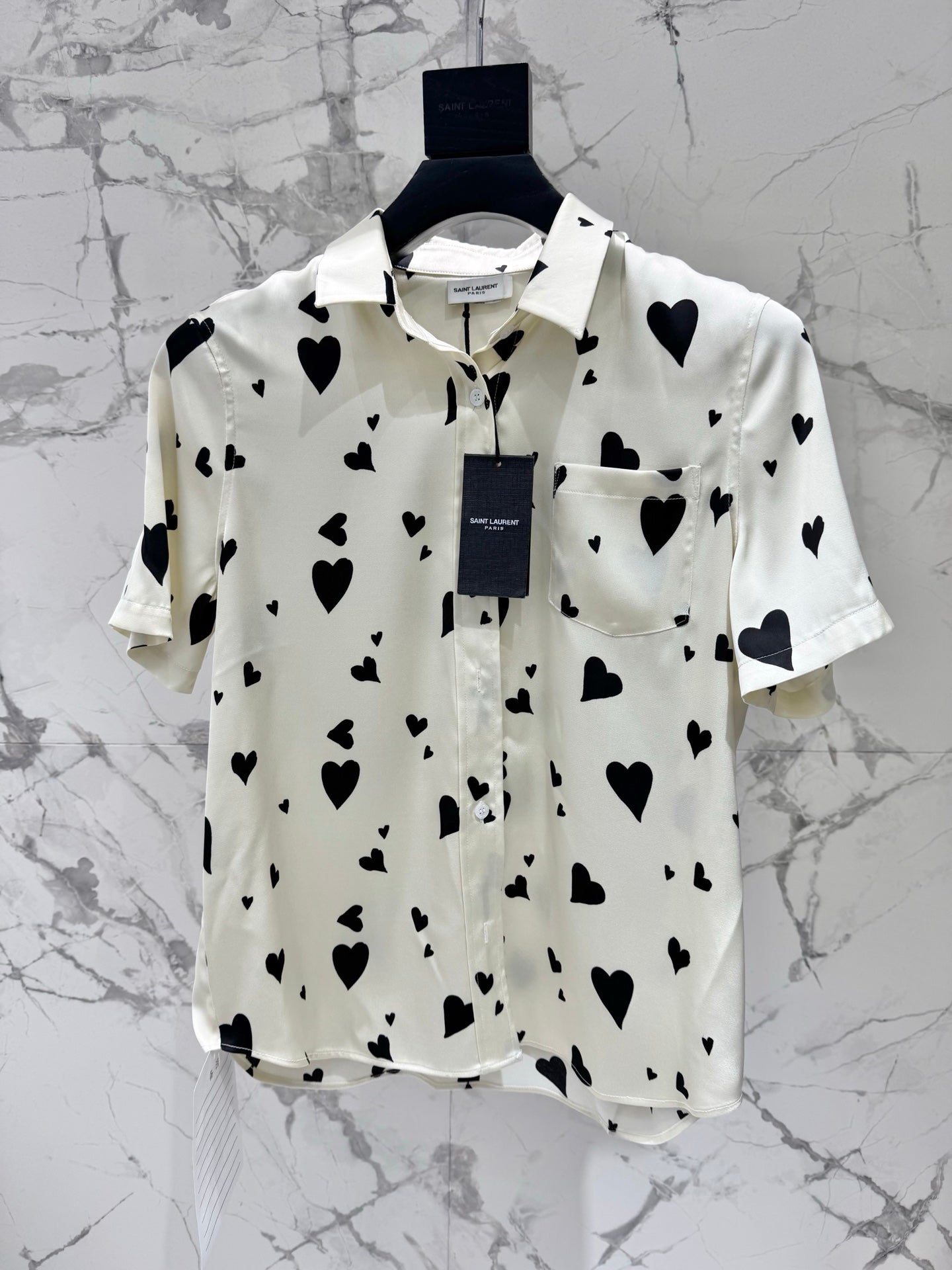 YSL Ivory Heart Print Silk Ensemble – Short-Sleeve Silk Shirt and High-Waisted Shorts