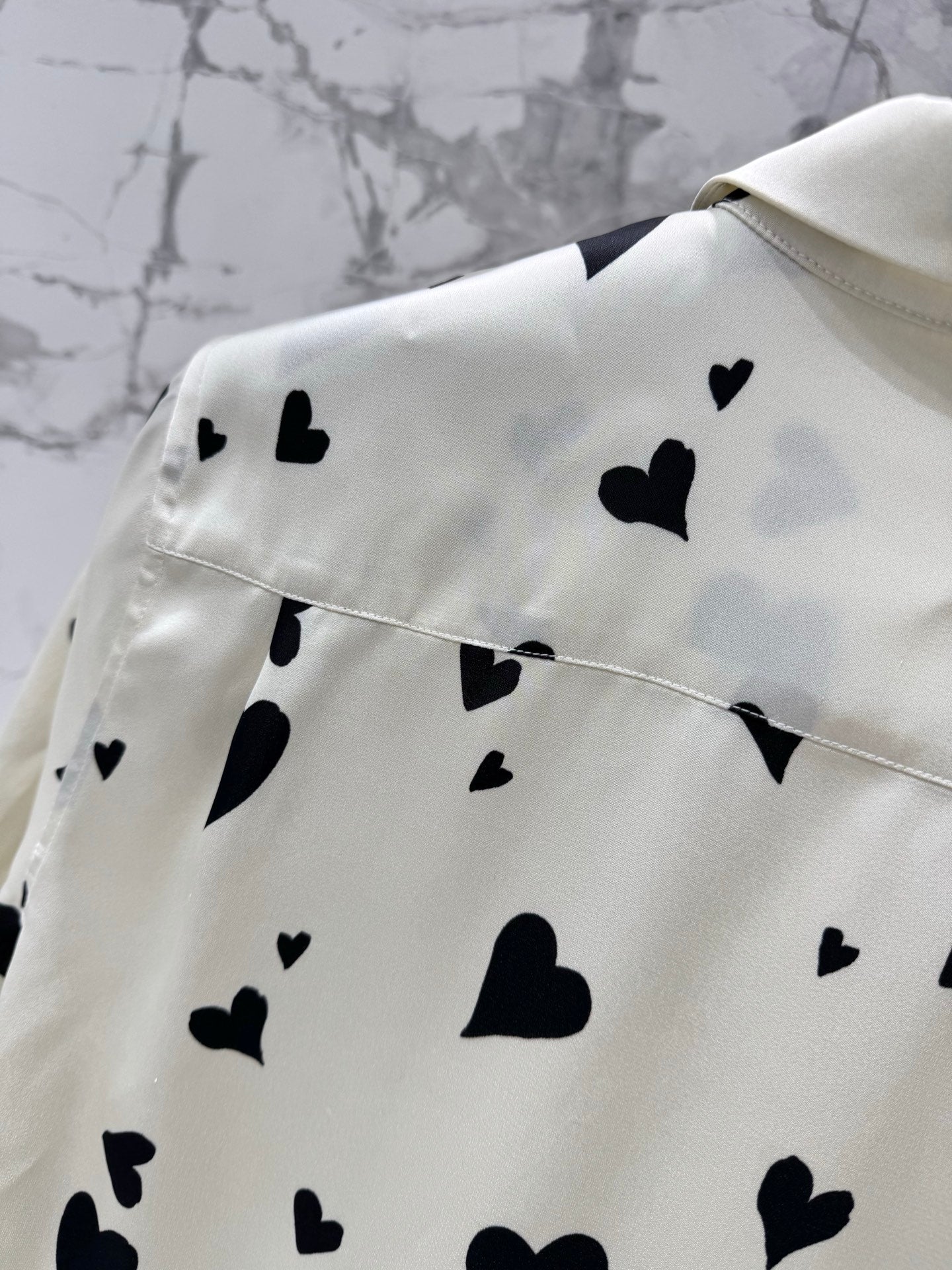 YSL Ivory Heart Print Silk Ensemble – Short-Sleeve Silk Shirt and High-Waisted Shorts