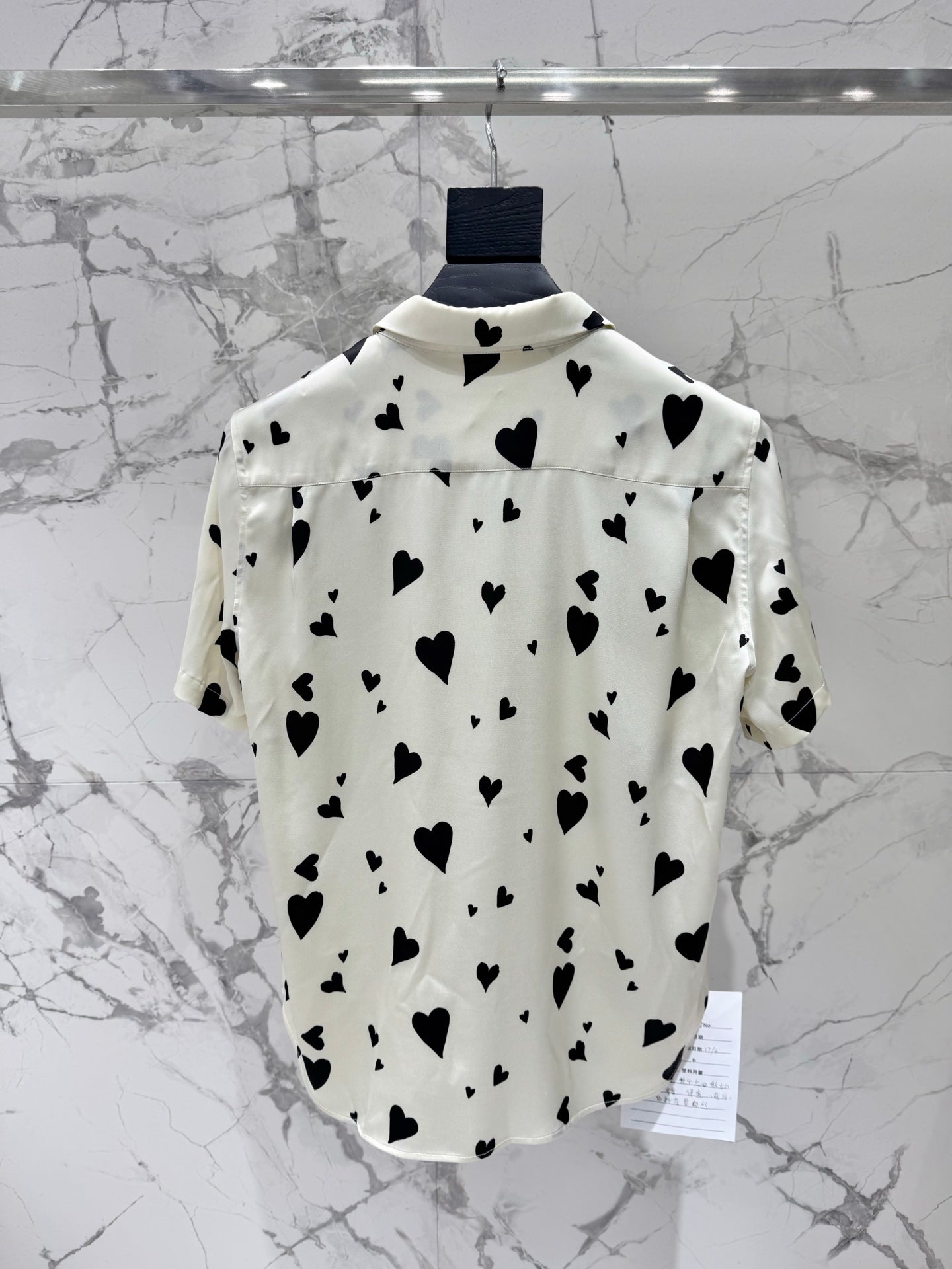 YSL Ivory Heart Print Silk Ensemble – Short-Sleeve Silk Shirt and High-Waisted Shorts