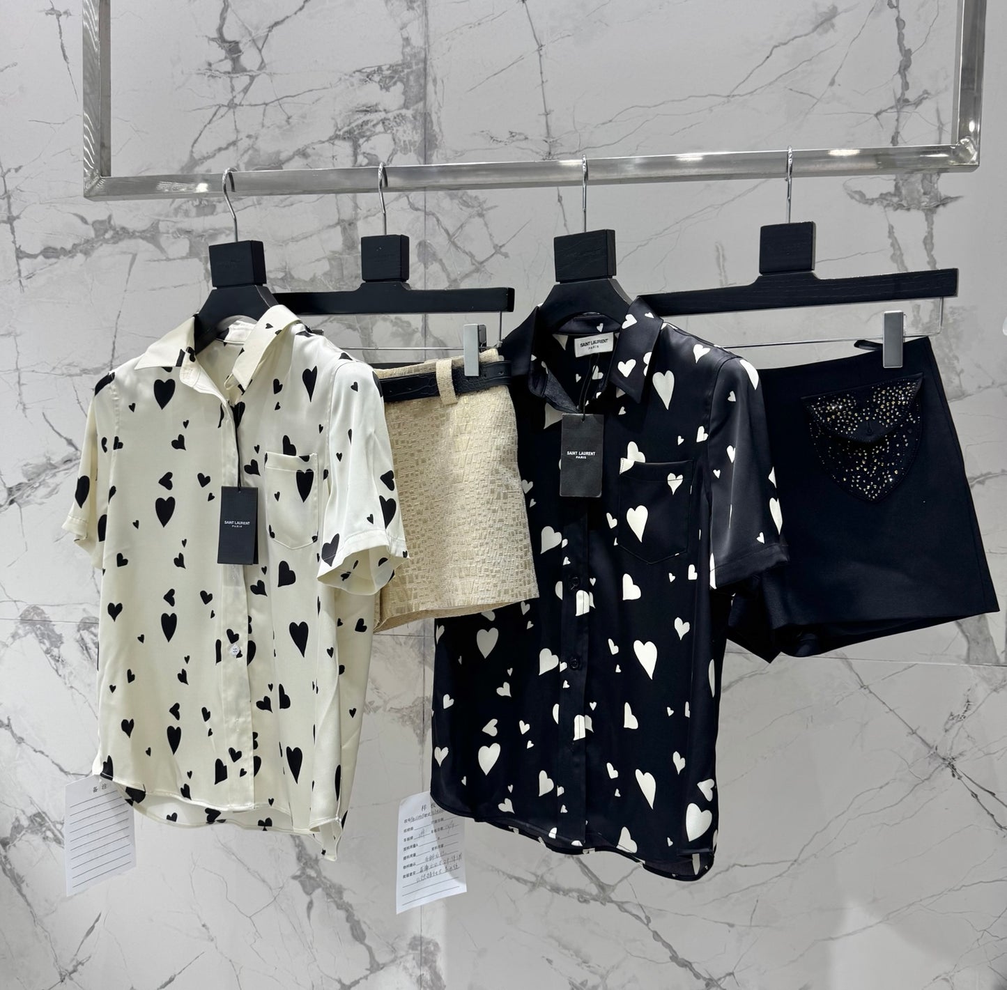YSL Ivory Heart Print Silk Ensemble – Short-Sleeve Silk Shirt and High-Waisted Shorts