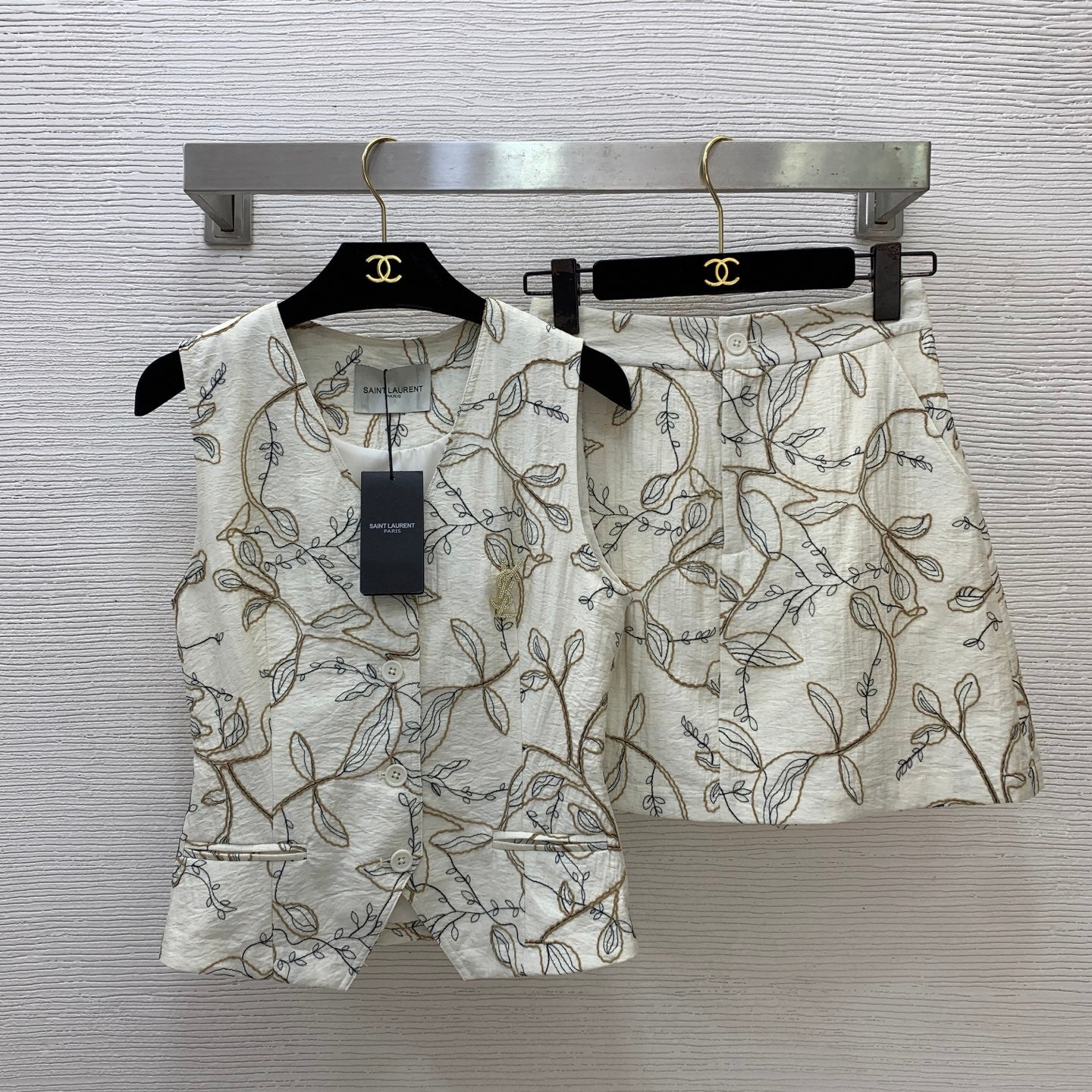 YSL Ivy-Embroidered Tailored Gilet Vest and Mini Skirt Set – Botanical Cream Textured Canvas