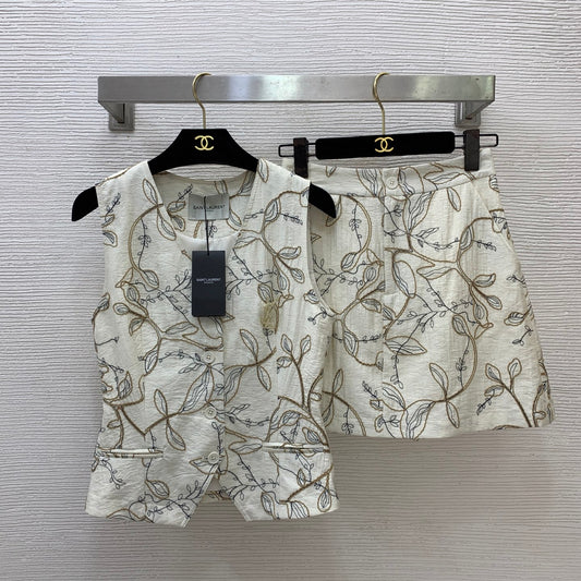 YSL Ivy-Embroidered Tailored Gilet Vest and Mini Skirt Set – Botanical Cream Textured Canvas