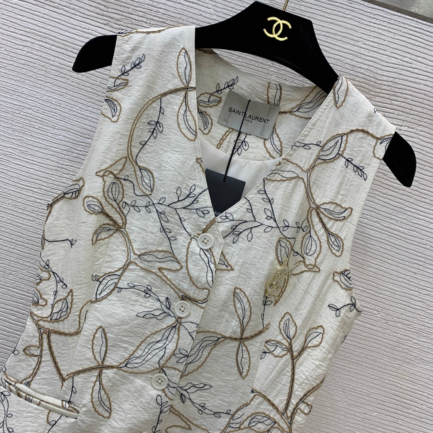 YSL Ivy-Embroidered Tailored Gilet Vest and Mini Skirt Set – Botanical Cream Textured Canvas
