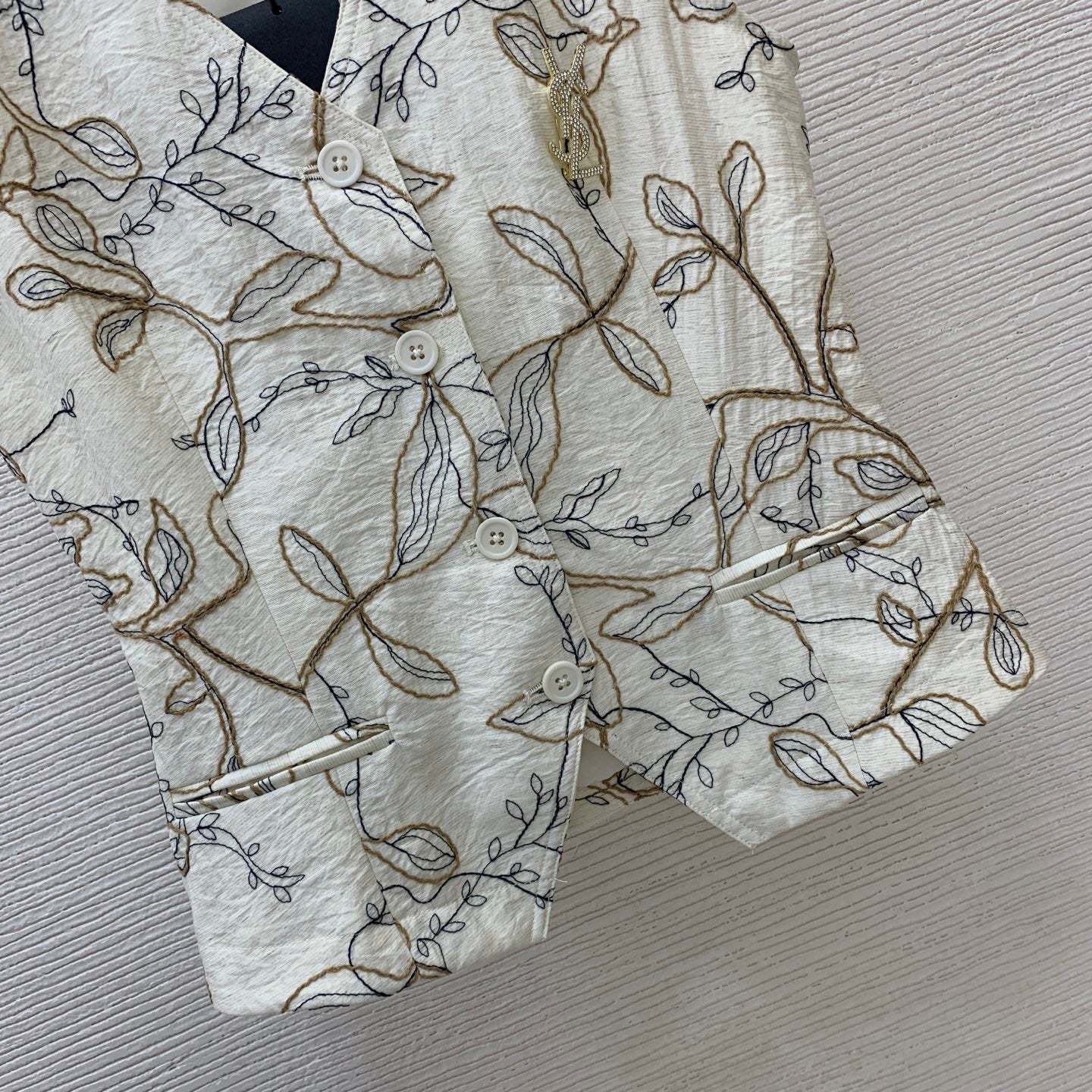 YSL Ivy-Embroidered Tailored Gilet Vest and Mini Skirt Set – Botanical Cream Textured Canvas