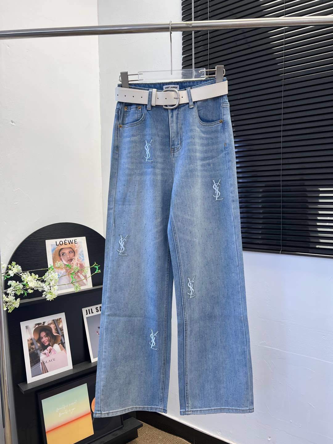 YSL Strass Monogram Wide-Leg Jeans – Vintage Stone-Washed Light Blue Denim Trousers