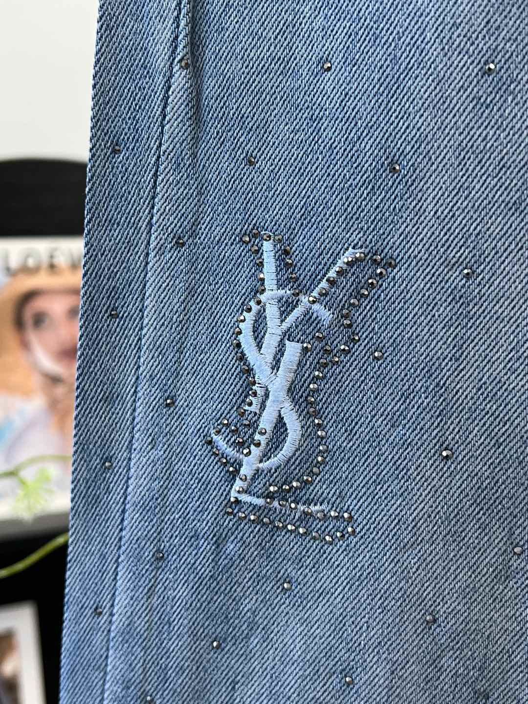 YSL Strass Monogram Wide-Leg Jeans – Vintage Stone-Washed Light Blue Denim Trousers