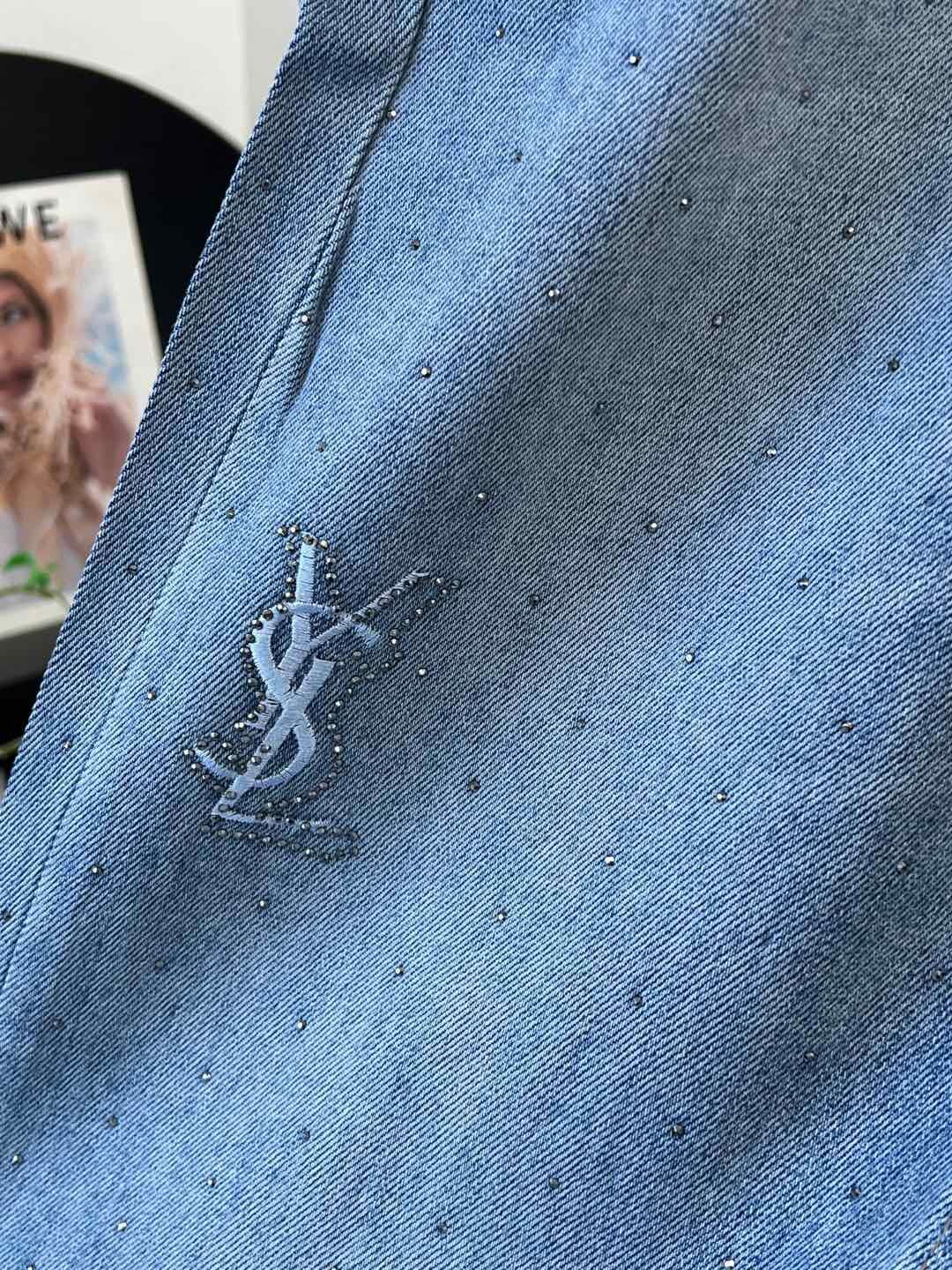 YSL Strass Monogram Wide-Leg Jeans – Vintage Stone-Washed Light Blue Denim Trousers