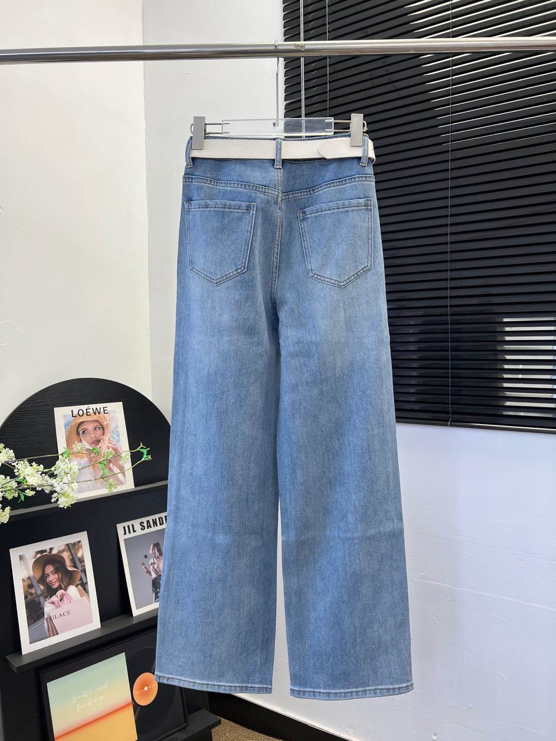 YSL Strass Monogram Wide-Leg Jeans – Vintage Stone-Washed Light Blue Denim Trousers