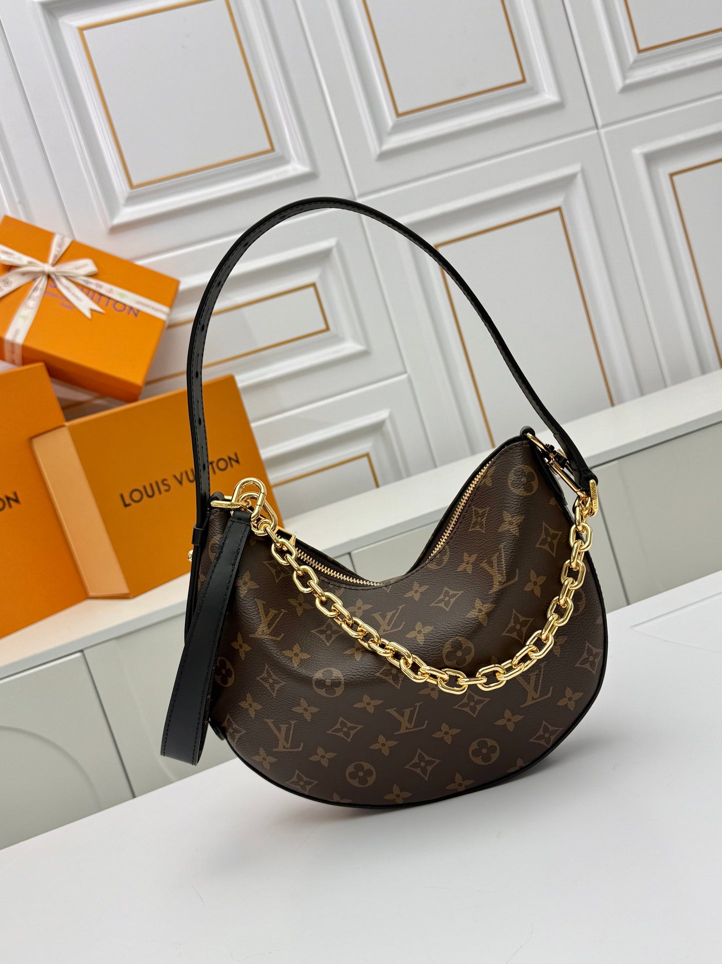 LV Loop Monogram Canvas Shoulder Bag – Compact Half-Moon Crescent Baguette