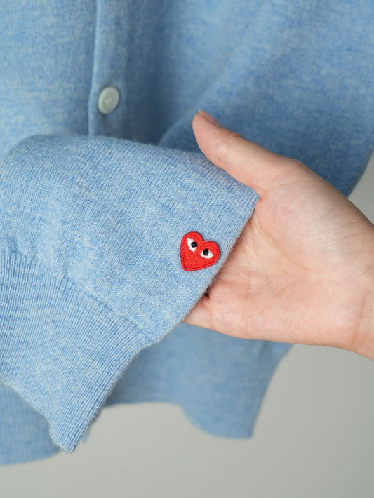 Crewneck Knit Cardigan – Sky Blue Fine-Gauge Wool Cardigan with Iconic Heart Logo and Mother-of-Pearl Buttons