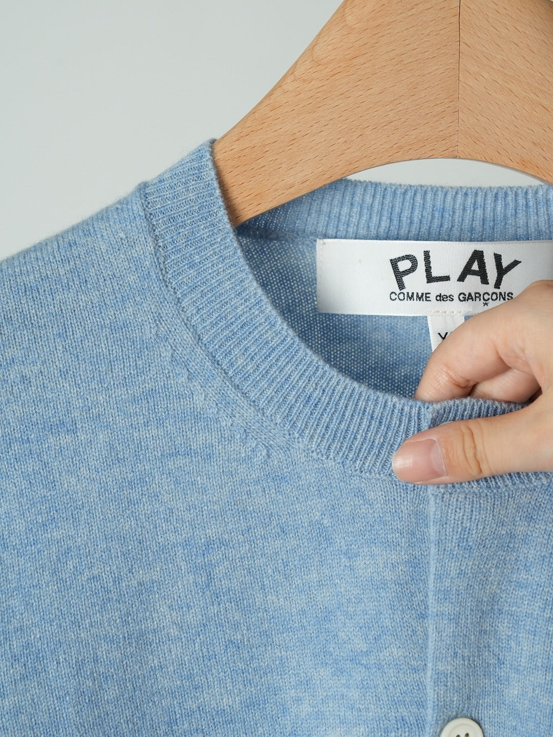 Crewneck Knit Cardigan – Sky Blue Fine-Gauge Wool Cardigan with Iconic Heart Logo and Mother-of-Pearl Buttons