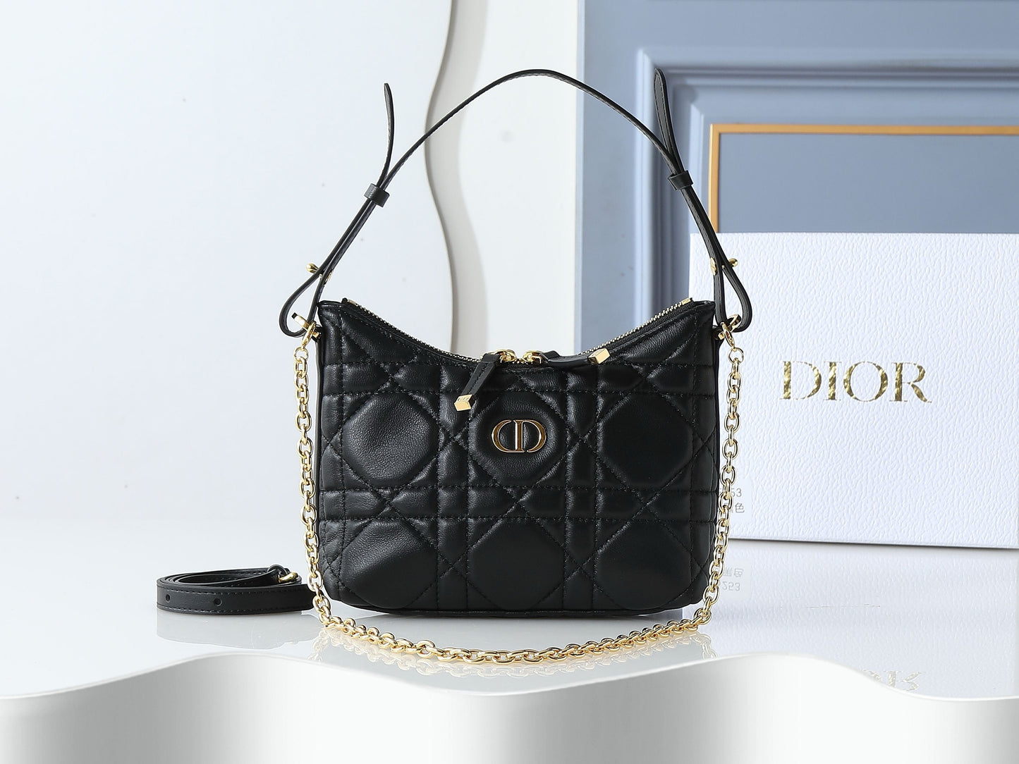 Caro Small Hobo Bag – Black Quilted Carnages Lambskin with Gold CD Hardware