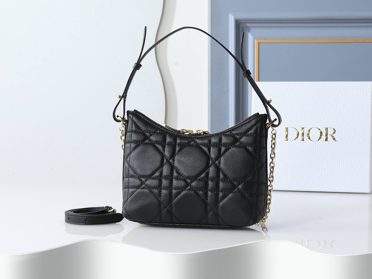 Caro Small Hobo Bag – Black Quilted Carnages Lambskin with Gold CD Hardware