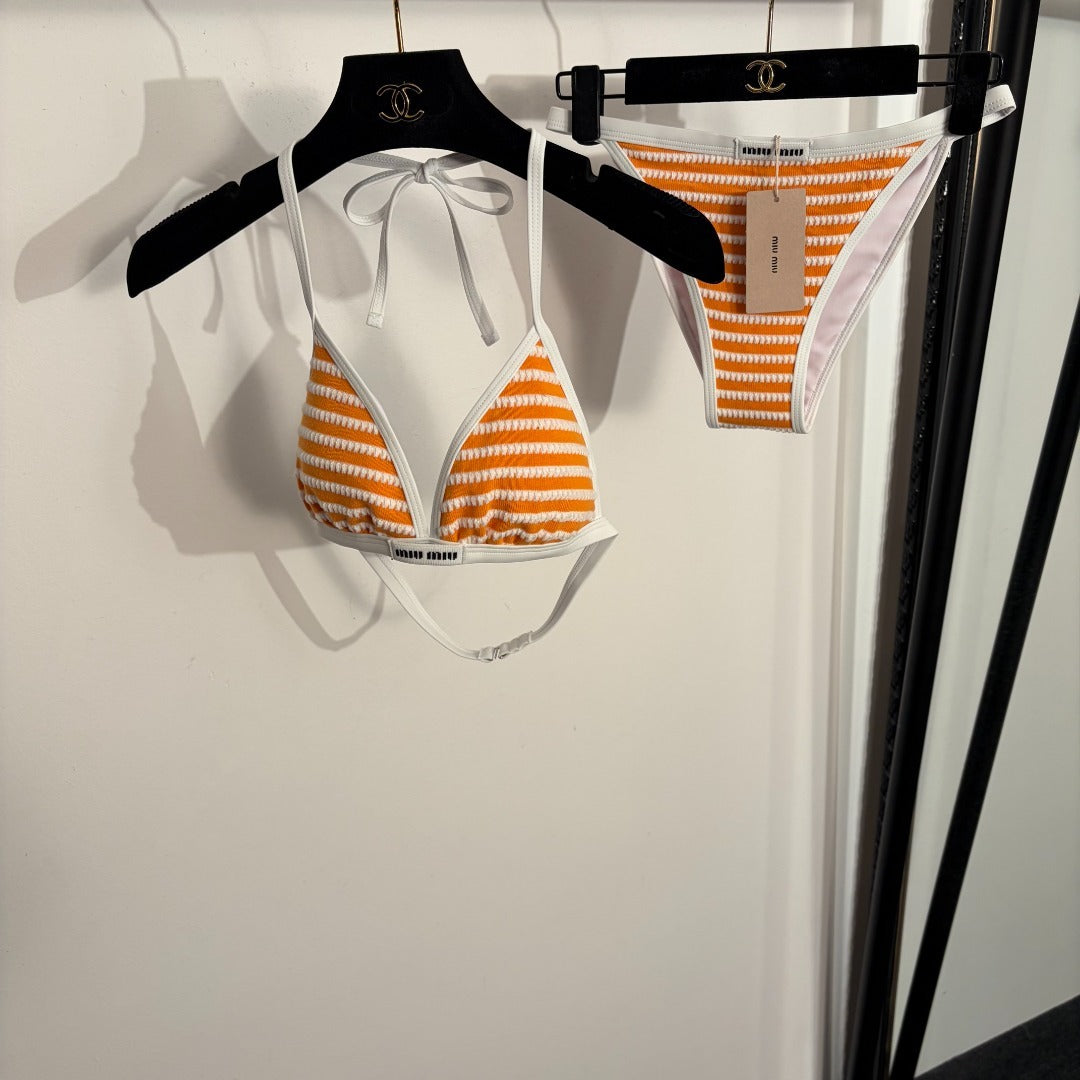 Striped Terrycloth Bikini – Tangerine Orange & Optic White Tactile Toweling Knit