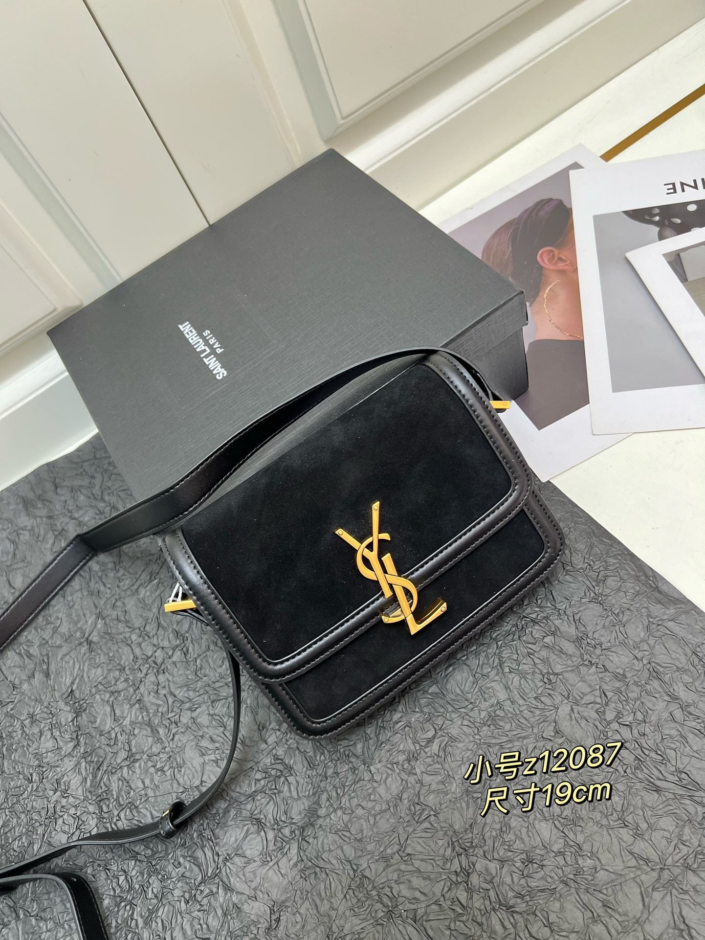 YSL Solferino Satchel – Black Suede with Gold Pivoting Cassandre